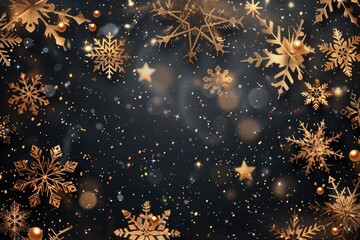 Elegant gold snowflakes and stars on a black background. Perfect for holiday designs