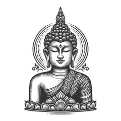 Buddha face with mandala design sketch engraving generative ai fictional character vector illustration. Scratch board imitation. Black and white image.