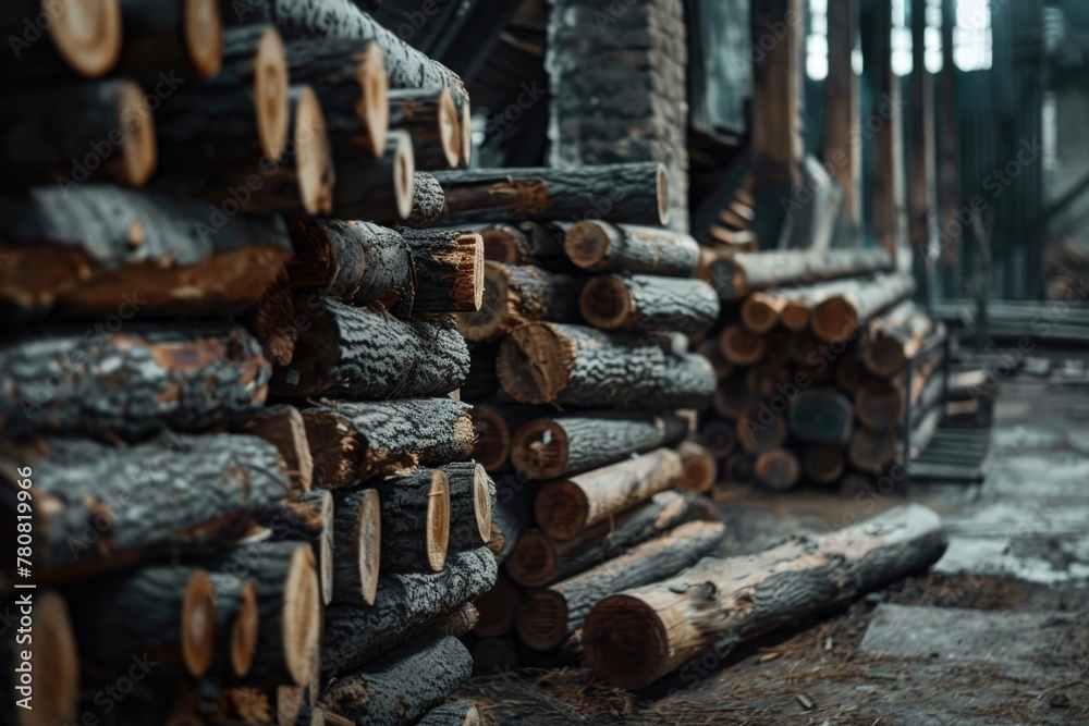 Poster a pile of logs sitting next to each other. perfect for various wood industry concepts