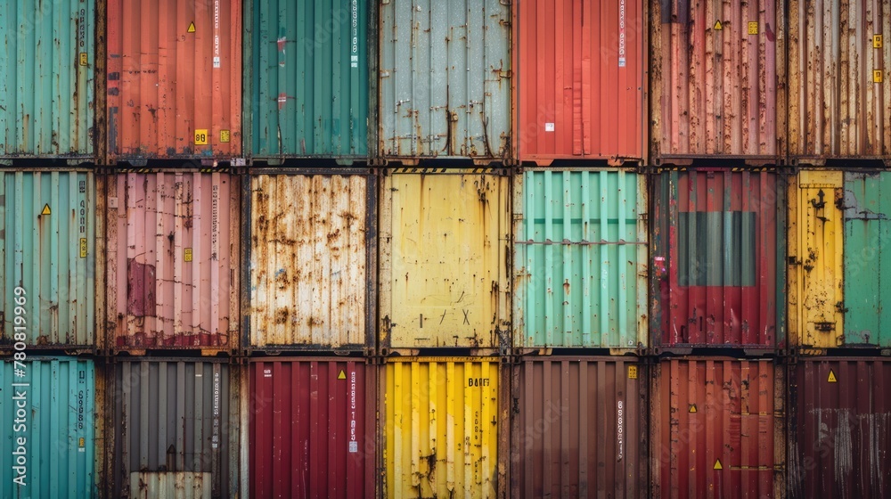 Aufkleber A bunch of colorful shipping containers stacked on top of each other. Suitable for transportation and logistics concepts