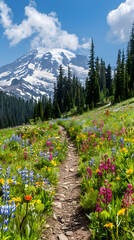 Expansive View of Mount Rainier National Park: Majestic Mountain, Lush Meadows and Dense Forests
