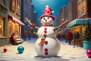 Winter christmas snowman illustration portrait holiday seasonal theme concept. 
