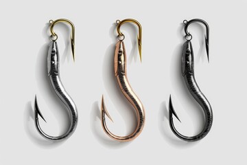 Different types of fishing hooks displayed on a white surface. Suitable for fishing equipment concepts