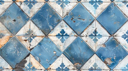 A blue and white tiled wall with holes. Suitable for construction or renovation concepts