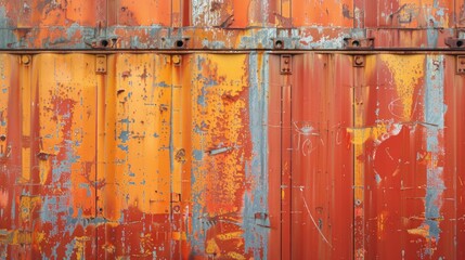 An old, weathered metal door with rusted paint. Suitable for industrial or urban themed projects