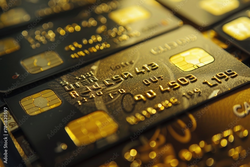 Poster a pile of gold credit cards stacked on top of each other. can be used for financial and banking conc