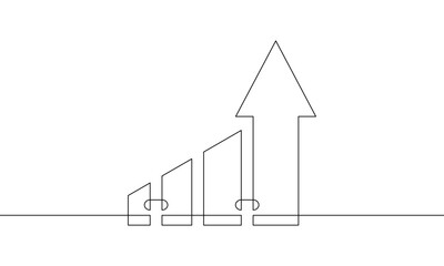 Continuous one line drawing of graph. Illustration vector of arrow up. Single line art of business growth. Flat icon of bar chart. Sign symbol of increasing arrow 