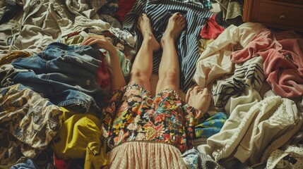 Woman laying on top of a bed covered in clothes. Suitable for fashion or laundry concept - obrazy, fototapety, plakaty