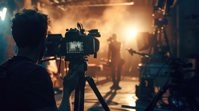 A man standing in front of a camera on a tripod. Ideal for photography or video production concepts