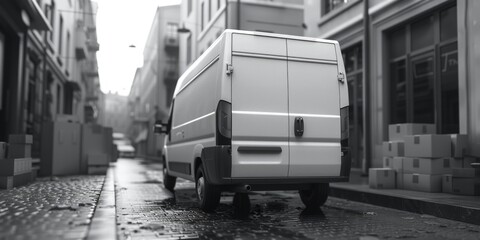 A white van parked on the side of a street. Suitable for transportation concepts