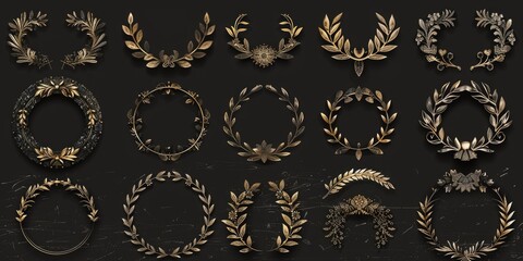 Collection of elegant golden wreaths on a dark backdrop. Ideal for awards, achievements, and victory concepts