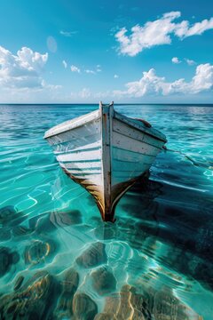 A serene image of a white boat floating on calm water. Ideal for travel and leisure concepts