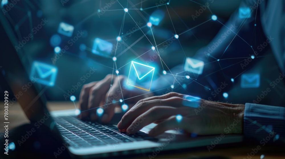 Poster A person typing on a laptop with email icons emerging from the screen. Suitable for technology and communication concepts