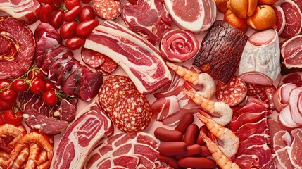 A diverse selection of meats and vegetables displayed on a table. Ideal for food-related projects