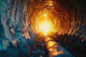 A pipe going into a tunnel with light at the end. Can be used for concepts of hope, progress, and journey - obrazy, fototapety, plakaty