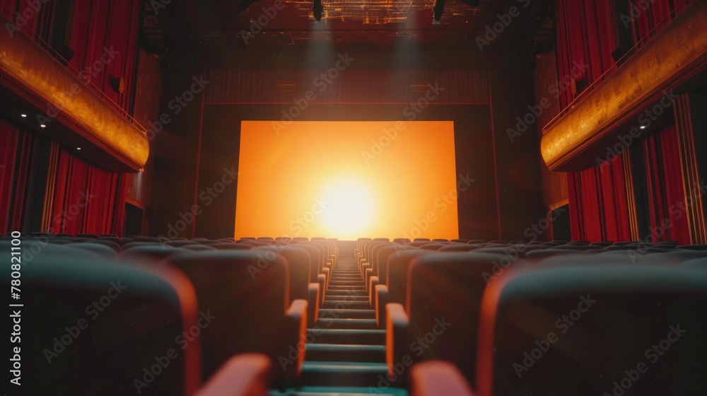 Poster an empty theater with vibrant red curtains and seats. ideal for theater-related projects