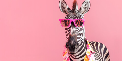 A whimsical depiction of a zebra donning pink sunglasses and a Hawaiian shirt, humorously capturing a vacation vibe on a pink background with copy space.
