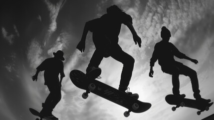 Silhouetted skateboarders against dramatic cloudy sky, perfect for urban sports themes