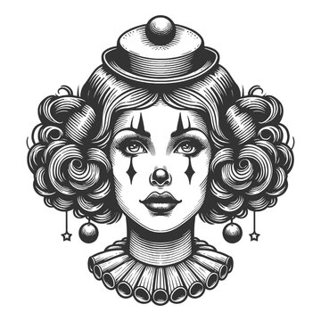 Beautiful female clown with ornate costume details and a melancholic expression sketch engraving generative ai fictional character vector illustration. Scratch board imitation. Black and white image.
