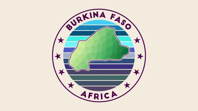 Burkina Faso intro video. Badge with the circular name and map of the country in low poly tech geometric style. Modern country round logo animation.