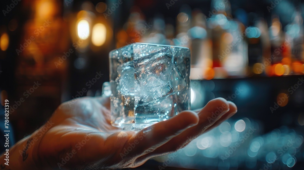 Poster Close-up of a person holding an ice cube. Suitable for various concepts and designs
