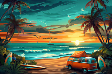 Vintage van in the beach with palms in sunset light, with a surfboard on the roof in the style of watercolour. Summer vacation coastline, sea, ocean, sunset. Surfing