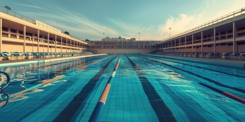 An empty swimming pool in a spacious indoor facility. Suitable for architectural and urban exploration themes