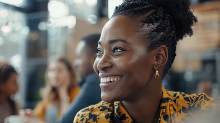 Fototapeta premium A woman smiling while sitting at a table. Suitable for lifestyle and business concepts