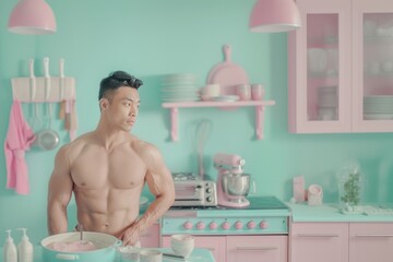 Shirtless Man in Pastel Kitchen, Contemporary Masculinity Meets Vintage Style, Artful Composition