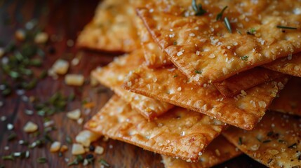 A pile of crackers on a rustic wooden table. Suitable for food-related projects