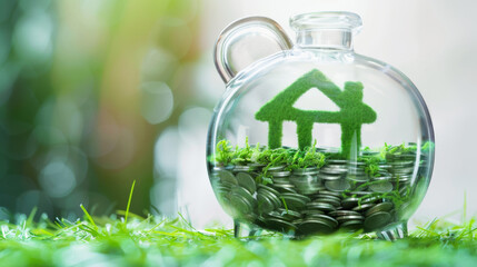 A glass teapot is filled with coins and topped with a green, plant-covered house-shaped structure, resting on grass.