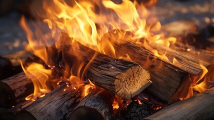 The fiery blaze of burning firewood showcases the dangerous yet mesmerizing beauty of combustion, with radiant red and orange flames.