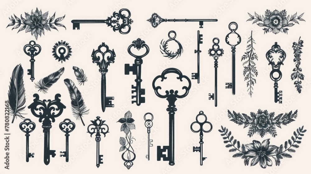 Aufkleber bunch of keys and flowers on a plain white background, suitable for various concepts and designs