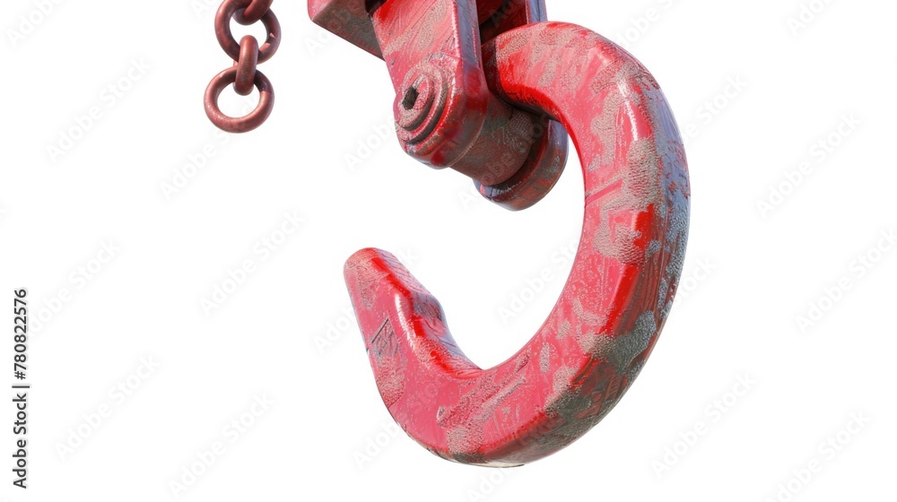 Poster a detailed view of a metal hook attached to a chain. suitable for industrial or construction concept