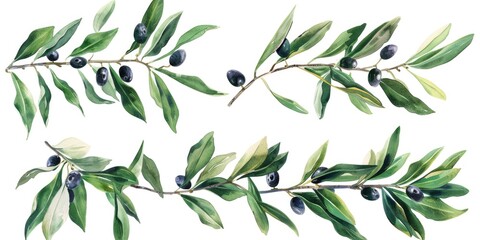 A painting of olives on a branch, suitable for food or nature concepts - obrazy, fototapety, plakaty