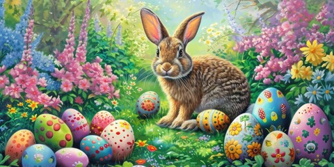 Audubons Cottontail rabbit is hidden in the vegetation next to Easter eggs in its natural environment of grass and flowers AIG42E