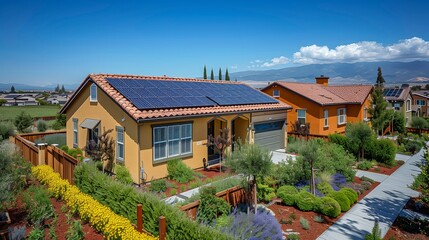 A house with a large solar panel on the roof - obrazy, fototapety, plakaty