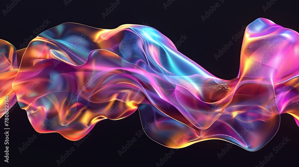 Wall mural fluid shape with holographic colors on black background, colorful wavy glossy surfaces with iridesce