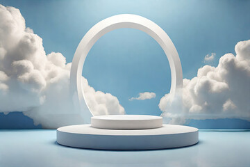 3D rendered podium stand with blue sky above adds a touch of serenity to the scene, perfect backdrop for an abstract stage. 