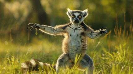 Obraz premium A lemur standing on its hind legs in the grass. Suitable for nature and wildlife concepts