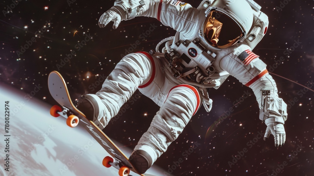 Poster An astronaut in a spacesuit riding a skateboard. Perfect for space exploration concepts