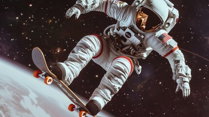 An astronaut in a spacesuit riding a skateboard. Perfect for space exploration concepts - obrazy, fototapety, plakaty