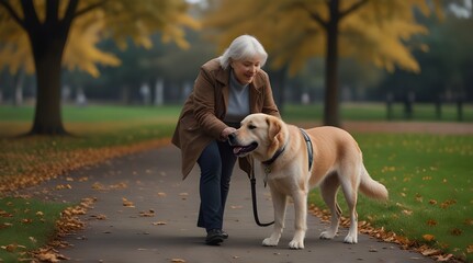 Guide dog helping blind woman in park .Generative AI