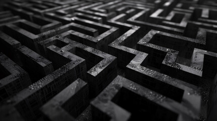 Complex Black and White Maze Pattern from Above for Conceptual Design - obrazy, fototapety, plakaty
