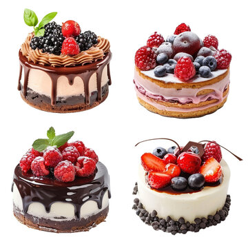 Set of different delicious cakes with fresh berrie on transparent background, png