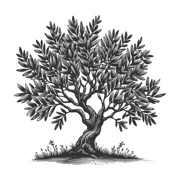 olive tree full of ripe olives, set in a serene landscape with intricate root system and foliage sketch engraving generative ai vector illustration. Scratch board imitation. Black and white image.