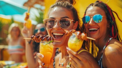 Joyous beach party friends cheer with tropical drinks and BBQ skewers, capturing the essence of summertime fun