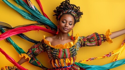 Radiant African woman twirling in traditional Juneteenth attire, embodies cultural heritage and celebration. The high-resolution studio shot captures the spirit of Juneteenth with a vividly dress
