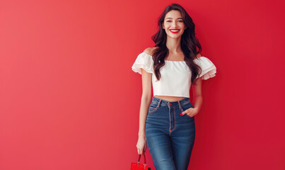 A beautiful smiling woman holding a red bag