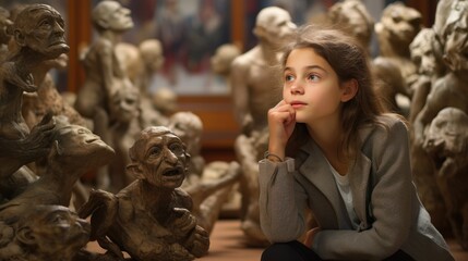 A girl examines the exhibits in the gallery of modern art, admiring the sculptures, landmarks and...